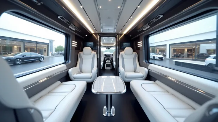 DE_style, Interior view of a compact premium motorhome lounge designed in futuristic HUMMER style. The seating is sleek and modern, arranged in a narrow but functional layout with white and grey leather upholstery, smooth contours, and a premium finish. Gl...