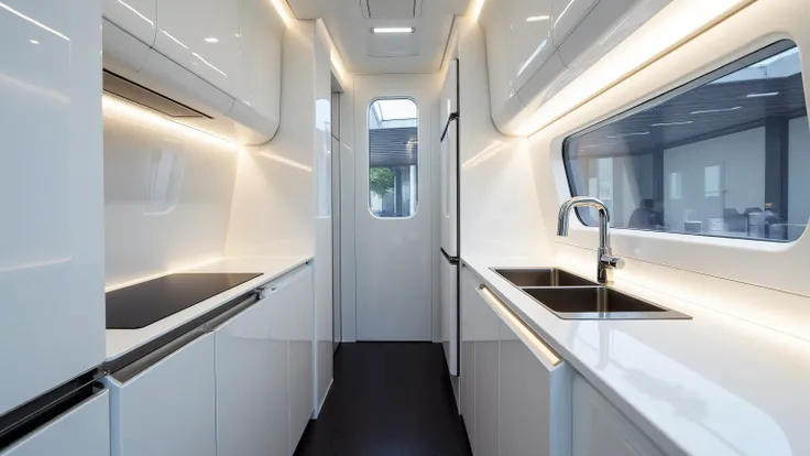 DE_style, Interior of a compact luxury HUMMER motorhome kitchen, designed with a futuristic minimalist style and a narrow but highly functional layout. The cabinetry is glossy white with seamless flat panels, accented by slim metallic trims that reflect so...