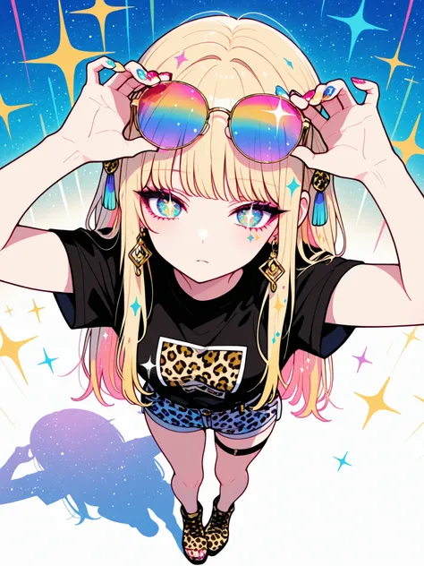 
Woman, solo, Colorful nails, rimless, eyes of gold, long hair,, hair ornaments,leopard print background, Blonde, Sparkling Makeup on Her Face、Shibuya、moving poses、angle from above、colorful sunglasses、Full Body、Gal、shorts with back of head、pieces、Highest Q...