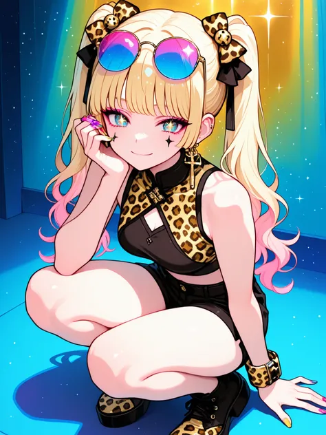 
Woman, solo, Colorful nails, rimless, eyes of gold, long hair,, hair ornaments,leopard print background, Blonde, Sparkling Makeup on Her Face、Shibuya、moving poses、angle from above、colorful sunglasses、Full Body、Gal、shorts with back of head、pieces、Highest Q...