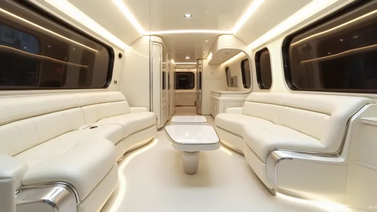 DE_style, Toyota futuristic motorhome 2026 interior lounge, designed with a compact yet premium layout that balances functionality and elegance. The lounge features cream-white leather seating, sleekly contoured to fit the motorhome’s curved body, with chr...