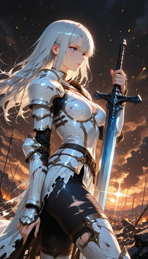 (Fantasy Art),(masterpieces that pass censorship),(2.5D Style),high quality,(Perfect Anatomy),(perfect fingers),((1girl)),((solo)),(medium breasts),slender body,Silver Shorthair,((Holding a shining sword in his hand)),beautiful detailed blue eyes,((Beautif...