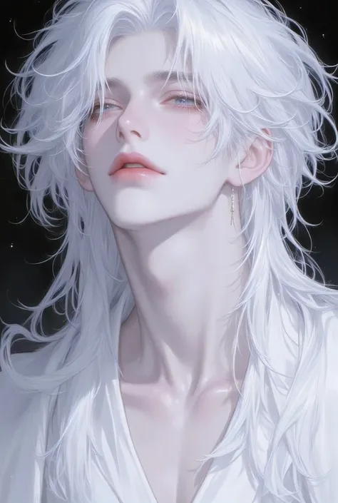((oriental)), ((japanese)), 1 adult male with vibrant white hair, radiant skin adorned with glossy full lips. has very long anf messy white hair, parted long bangs, he wears white male kimomo layer by layer, adding a touch of beautiful elegance. The expre...