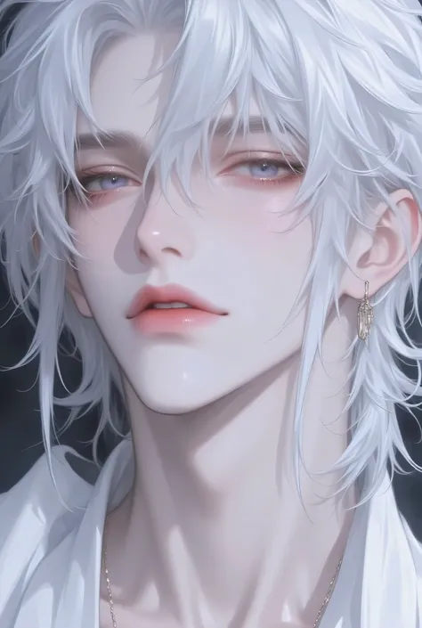 close-up(( Orient)), ((Japanese )), 1 adult male,retains vibrant white hair, Lusty, glowing skin dotted with glossy lips. with very long and messy white hair, separated Long Liu Hai, x} He wears a white men's kimono,Layer after layer, Add a touch of beaut...