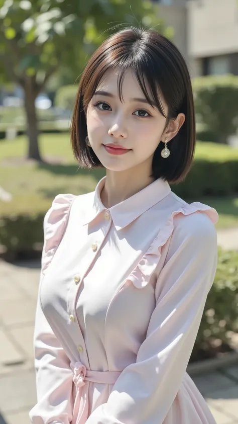 Close up of a woman in a pink ruffle dress posing for a photo shoot, A Realistic Young Gravure Idol, Sakimi-chan, Young Cute Gravure Idol, young and cute girl, Babyface, cute young woman , Chiho, cute cute girl, With a cute face, with short hair, (((big ...