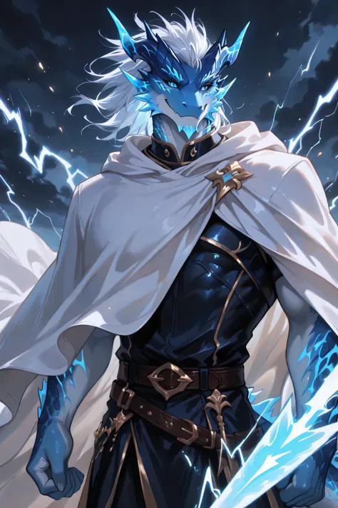 Full-body portrait of a male blue dragonborn with shimmering azure scales and a long, electric tail. His eyes glow with lightning, and blue electric sparks arc across his body. He wears simple, practical traveler’s clothing, nothing extravagant: sturdy fab...