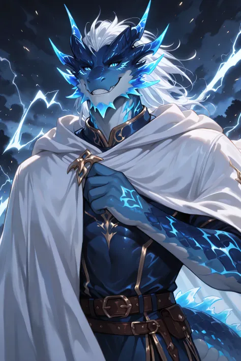 Full-body portrait of a male blue dragonborn with shimmering azure scales and a long, electric tail. His eyes glow with lightning, and blue electric sparks arc across his body. He wears simple, practical traveler’s clothing, nothing extravagant: sturdy fab...