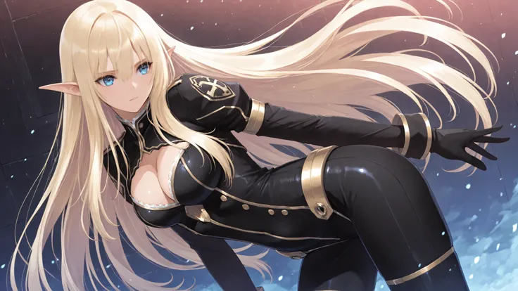 ((score_9, score_8_up, score_7_up, masterpiece)), ((alpha)), (long hair, blue eyes, blonde hair, pointy ears, solo, black bodysuit), black bodysuit, gold trim, cleavage cutout, black gloves
