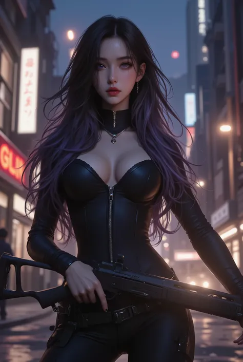photo real、realistic skin texture、gun、Extremely Tight Cyberpunk Suit、beautiful long hair、Dim Cyberpunk City、Beautiful Thin Violet Eyes、Black hair with slightly purple tips、beautiful face up、gunは腰に