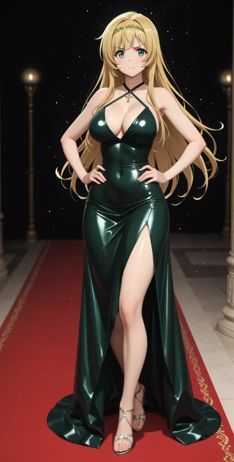 perfect anatomy. Photo RAW. masterpiece. My sexy younger sister, Shera L. Greenwood is a horny nymphomaniac girl. She has short golden blonde hair, Green Eyes,  light porcelain skin , dressed in a dark green latex dress, sleeveless, cross halter neck , sho...