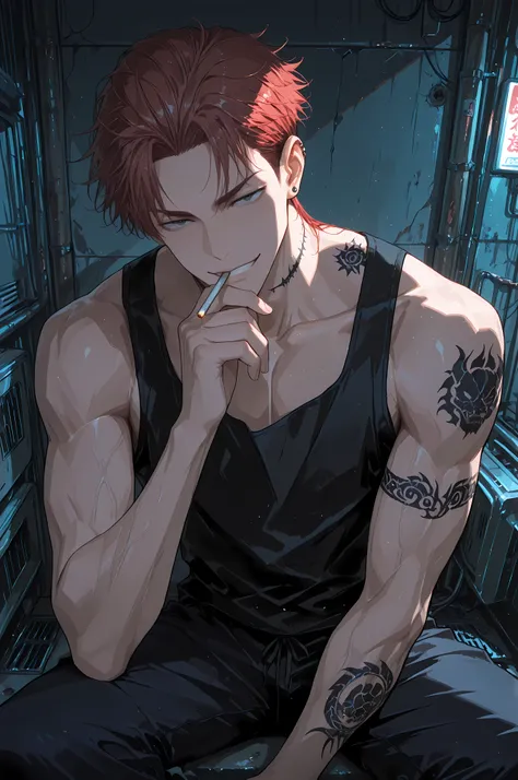 (anime key visual, masterpiece, best quality, 8k, cropped shoulderst, 1boy, looking at viewer), a tall muscular young man::1.2 with short spiky hair, sitting half-sideways. He has a detailed black tattoo of his neck, a silver stud ear piercing, and a ciga...
