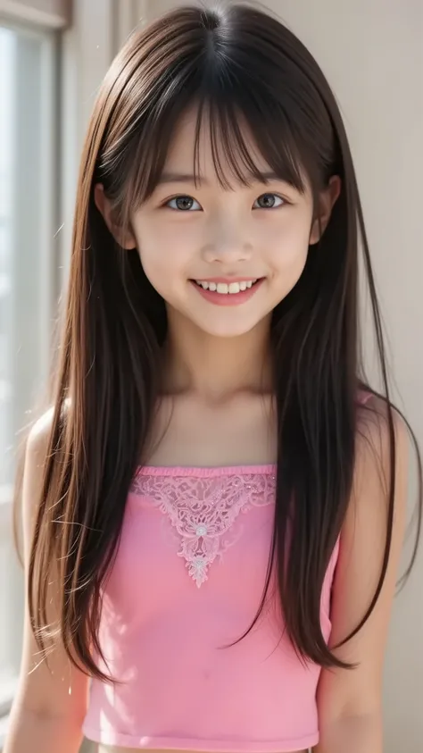 , smile, Dye your cheeks red, beautiful eyes, Sparkling, elementary school student, long black hair,   the cutest in the world  、full body、
