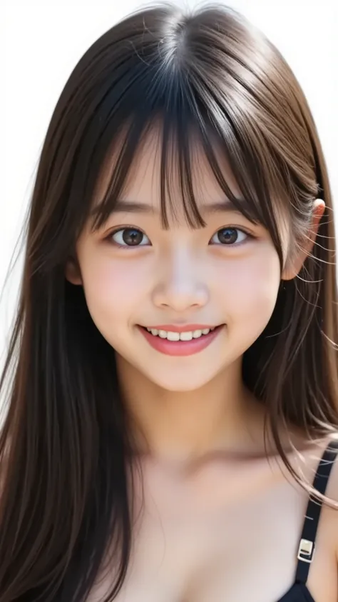 , smile, Dye your cheeks red, beautiful eyes, Sparkling, elementary school student, long black hair,   the cutest in the world  、full body、
