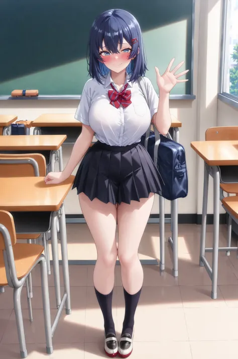 ,(full body :1.3),(AkaneNanao,1girl,dark navy blue hair,medium hair,hairclip,blue eyes, large breasts),score_9, score_8_up, score_7_up, 8k, high quality, best quality, high quality detailed, rating_explicit,standing,(very aesthetic),( high detailed eyes:1....