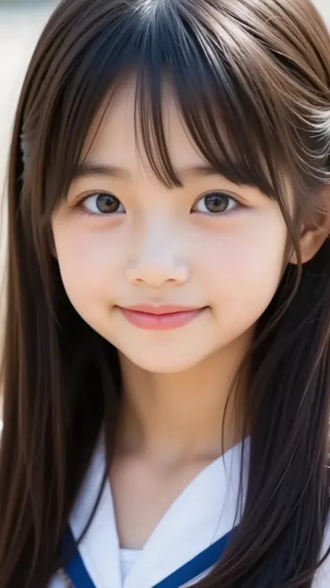 , smile, Dye your cheeks red, beautiful eyes, Sparkling, elementary school student, long black hair,   the cutest in the world  、full body、NSF, (topless:1.7)
