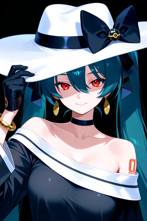 1girl, hatsune miku, dark miku \(project voltage\), arm tattoo, bare shoulders, black bow, black choker, black gloves, bow, bracelet, choker, closed mouth, earrings, gloves, gold bracelet, gold earrings, green hair, hair between eyes, hand up, hand on head...