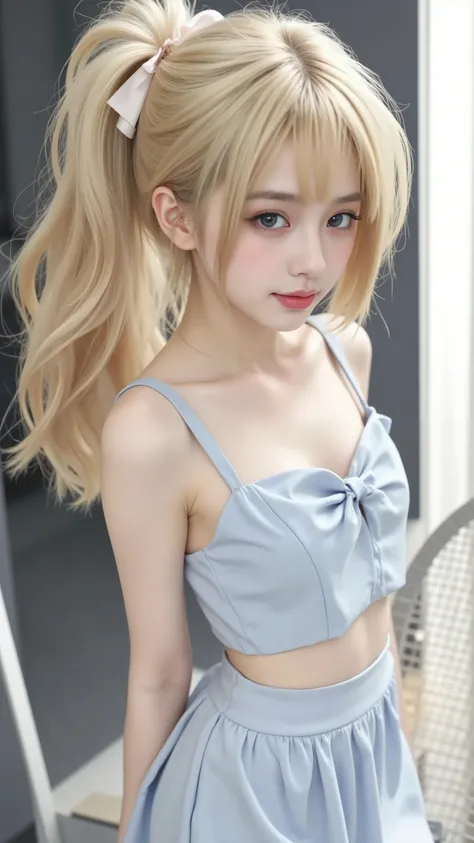 ガール with blonde hair and blue eyes in a blue top, Loli Dress, seductive girl , Cute Girl , pretty girl , beautiful girl , attractive girl , (blonde ガール with long waved hair), cute girl wearing a nice dress, cute girl visual, (Little Lori), young girl ,...