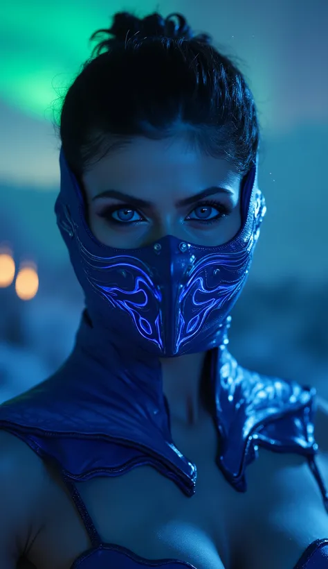 Close-up portrait of Alexandra Daddario as Kitana, wearing royal sapphire blue Mortal Kombat armor with glowing neon blue seams and polished silver trimming, elegant yet battle-ready, armor highly detailed and reflective.
Mask: bright polished metallic blu...