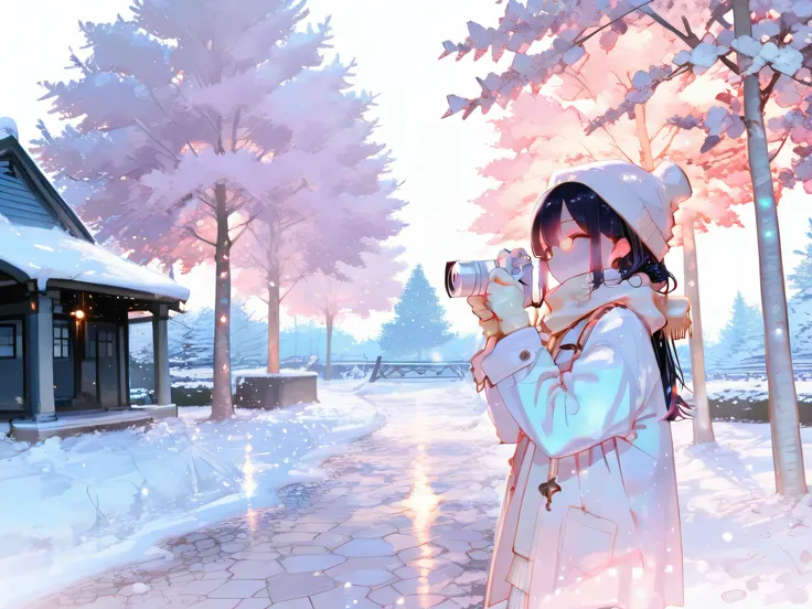 subject: Minase Reina, a delicate girl with long hair, wearing a warm winter coat, scarf, and gloves, holding a camera while photographing the snowy scenery, standing in Hirosaki Park, Aomori, with Hirosaki Castle keep and snow-covered cherry tree branches...