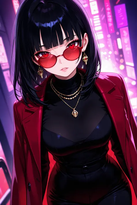 1girl, solo, jewelry, red-tinted eyewear, looking at viewer, round eyewear, red eyes, black hair, earrings, necklace, parted lips, tinted eyewear, medium hair, sunglasses, cowboy shot, blunt bangs, red-framed eyewear, looking over eyewear, glasses, lips, e...
