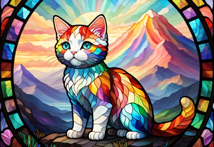 cute cat,Full Body, Rainbow , 2D stained glass window, stained glass styleの窓枠 . 背景にRainbowの富士山 . stained glass style, pastel color scheme, high resolution, Highest Quality, skirt