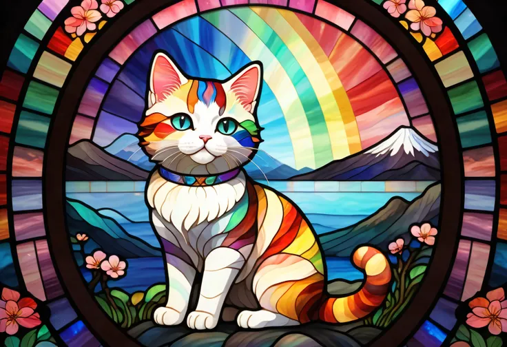 cute cat,Full Body, Rainbow , 2D stained glass window, stained glass styleの窓枠 . 背景にRainbowの富士山と鳥居,Japanese Culture, stained glass style, pastel color scheme, high resolution, Highest Quality, skirt