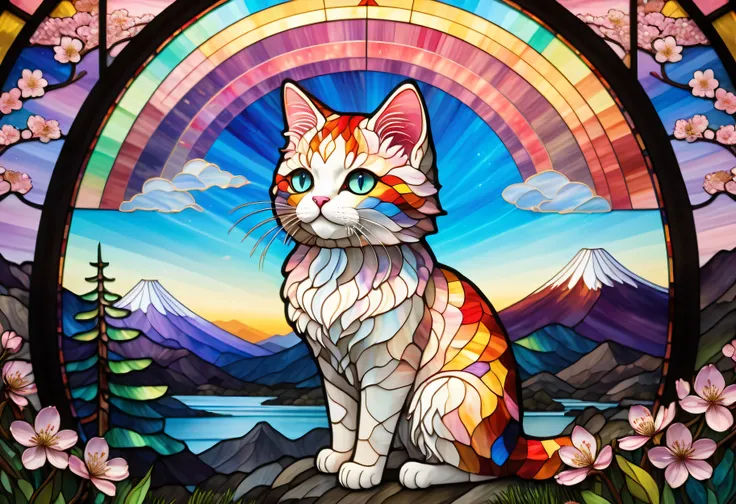 cute cat,Full Body, Rainbow , 2D stained glass window, stained glass styleの窓枠 . 背景にRainbowの富士山,背景に日本のRainbowの鳥居,Cherry blossoms symbolizing Japan,Pine trees symbolizing Japan, stained glass style, pastel color scheme, high resolution, Highest Quality, skir...