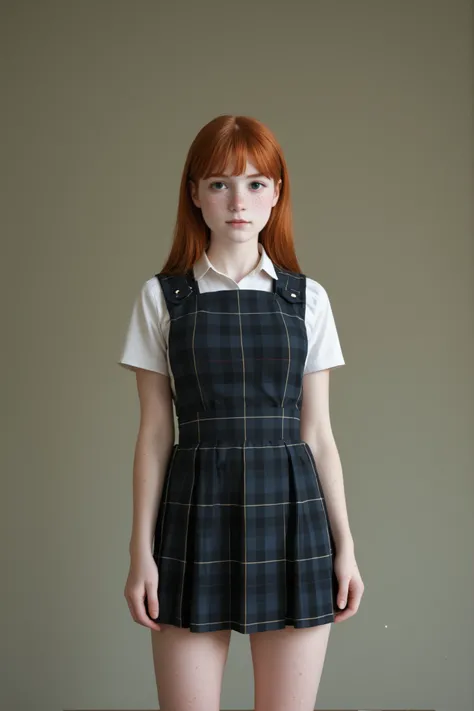 A (cute young girl:1.5) stands in a simple studio setting, characterized by a neutral gray background that accentuates the protagonist's attire. She has short, auburn hair with bangs. She has a (narrow waist:1.4). She wears a perfectly ironed white short-s...