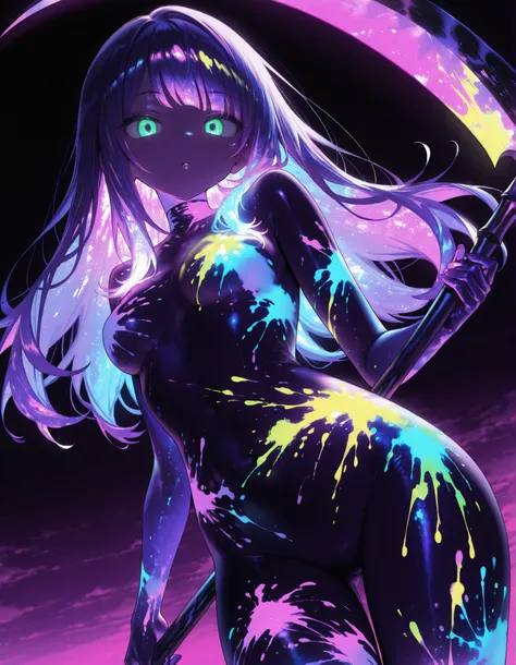 masterpiece, best quality, very aesthetic, 1girl,, solo, red scythe, purple sky,, ultraviolet light, black background, glowing, glowing hair, glowing eyes, bodypaint, multicolored paint