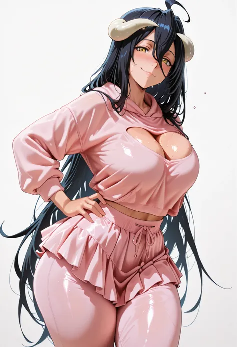 Mature Woman,Albedo from overlord, large breasts,, large breasts,, , blush, smile,,,, looking at viewer,, , smile, blush,, ,,, NICE LEGS,, POUT FACE, NOSE BLUSH, HARD BLUSH,, large breasts,, thick thigh, thick thighs, nose blush, shiny legs, shiny body, sh...