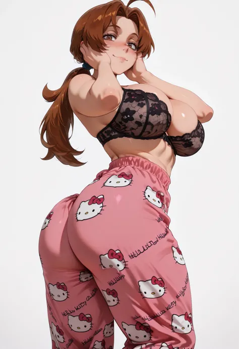 deliaketchum, brown hair, brown eyes, parted bangs, ahoge, ponytail, low ponytail, Solo, Delia Ketchum from Pokémon, BIG BREASTS , shiny skin, shiny hair, shiny body, clear body, white background, empty background, ,, , DYNAMIC POSE , white background, emp...