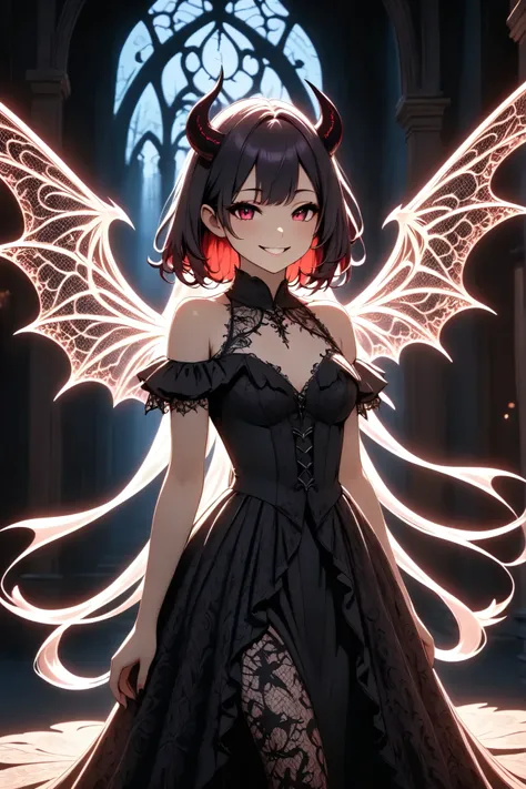 (ethereal glow, intricate demon wing patterns, mysterious smile, flowing shadow effects, elegant gothic lace, cinematic lighting)