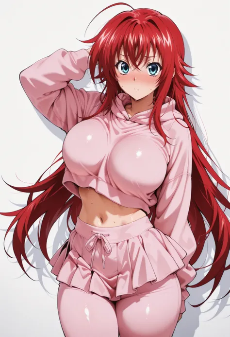 (masterpiece), Anime Style,solo,alone,only 1 girl,Rias Gremory standing, , , COWBOY SHOT, detailed rendering, smooth skin ,, looking at viewer, nose blush, shiny legs, shi...