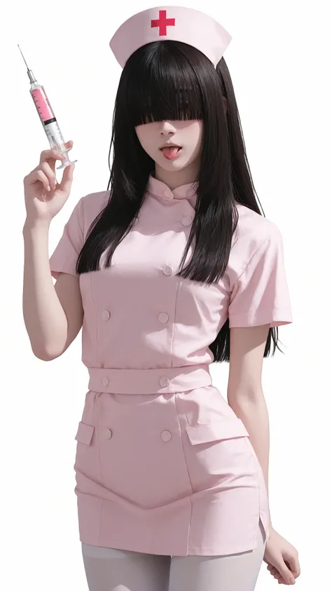 masterpiece 、 Top Quality 1 Woman, solo、cowboy shot 、white skin, 、dark haired、Long Hair -、long straight hair、Beautiful girl,　、hair over eyes、your hair is hanging over your eyes、dull bangs、small breasts, ,  No expression,　　　　　stick out your tongue、No eyebro...