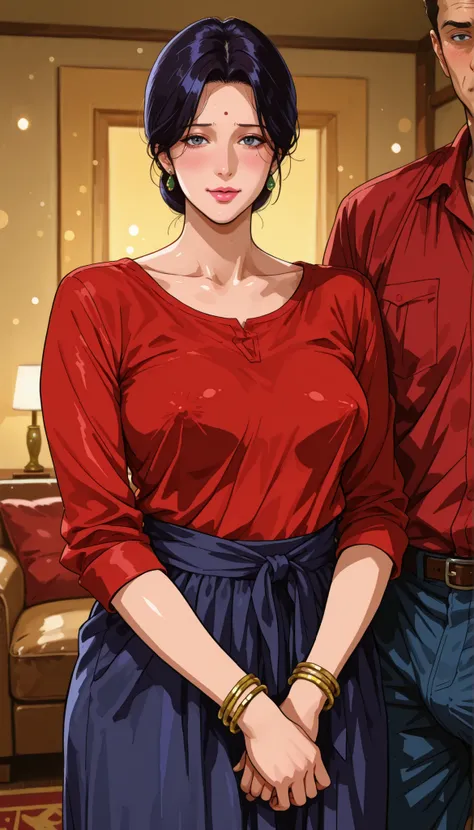 score_9,score_8_up,score_7_up,high resolution, detailed art,(realistic:0a.15),high quality, bokeh BREAK cowboy shot,k1r7u artstyle, A woman, mature female, housewife, slim body, medium breasts, mole mouth, (bangles), red shirt, folded sleeves, nipple bulge...