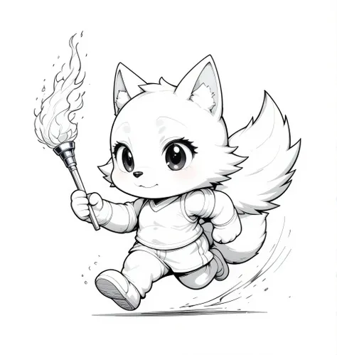 a simplified technical pen cartoon of anthropomorphic wolf running with an olympic torch, chibi style, coloring book style, black ink on white paper, a clean line drawing with thick lines, vector, sharp focus 