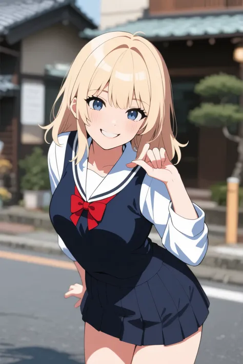 Can create a reference image of the same place, body shape, change the two-finger pose and smile at the camera and wear a warm jacket in Japan 