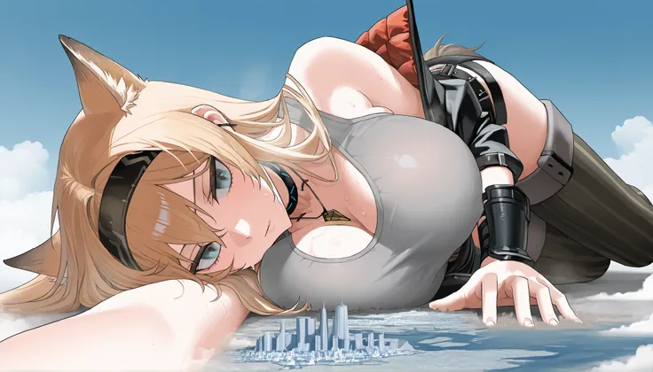 staring at me,1girl, solo, (giantess:1.4), collapsed city, microcity, impact, Outdoors, Blue Sky, fullbody, very aesthetic, seductive body, sweat, dust, horn_\(arknights\), blonde hair, black hairband, graeen eyes, wolf tail, wolf ears, black jacket, black...