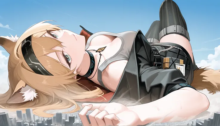 1girl, solo, (giantess:1.4), collapsed city, microcity, impact, Outdoors, Blue Sky, fullbody, very aesthetic, seductive body, sweat, dust, horn_\(arknights\), blonde hair, black hairband, graeen eyes, wolf tail, wolf ears, black jacket, black choker, grey ...