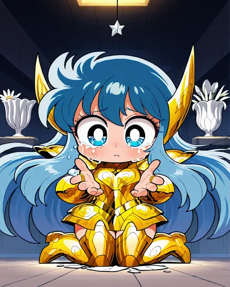 side angle, (masterpiece, best quality, 4k, anime illustration, cinematic lighting), {chibi}: (cute and attractive mystical chibi with long blue hair floating like liquid, big cute eyes, golden armor inspired by the anime Saint Seiya, kneeling, on a circul...