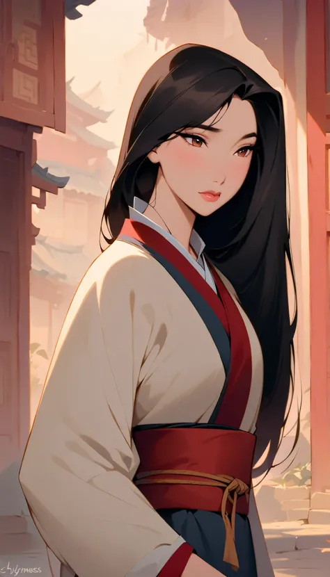Hua Mulan,Show female shy,ultra shy, ((shyyness)), looking down, 19 years old, like a porcelain doll, fine features, delicate,Black and red color scheme,poster,iconic disney characters。shonen style, anime style, straight hair, ((long hair)) ,japanese young...
