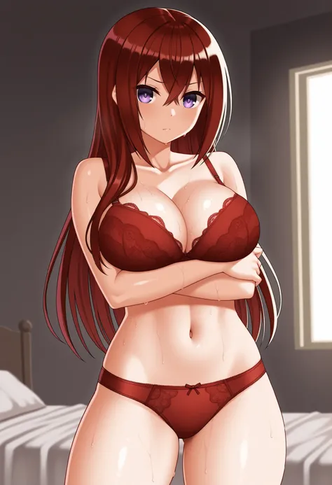 kurisu makise, hair between eyes, hair over shoulder, long hair, purple eyes, red hair, straight hair, red lace bra, red lace panties, shiny body, shiny hair, clear skin, clear body, sweat, sweaty, sweaty:1.3, thick thigh, thick thighs, large breasts, look...