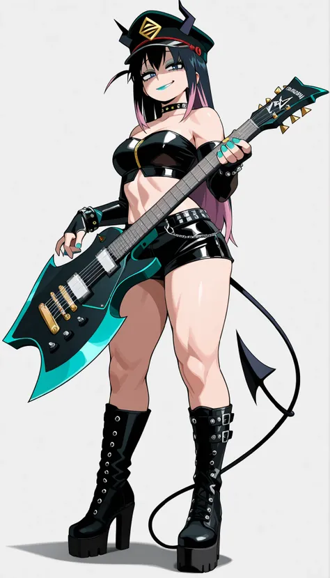 ((Highest Quality)), ((Simple Light Grey background)), (My Hero Academia Style), 1female, female, Medium Breast, thighs, hips, thick shins, solo, Athletic body, tall, standing, (Full Body), black leather spiky Studded top tube, strapless top, leather top b...