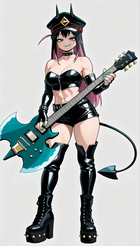 ((Highest Quality)), ((Simple Light Grey background)), (My Hero Academia Style), 1female, female, Medium Breast, thighs, hips, thick shins, solo, Athletic body, tall, standing, (Full Body), black leather spiky Studded top tube, strapless top, leather top b...