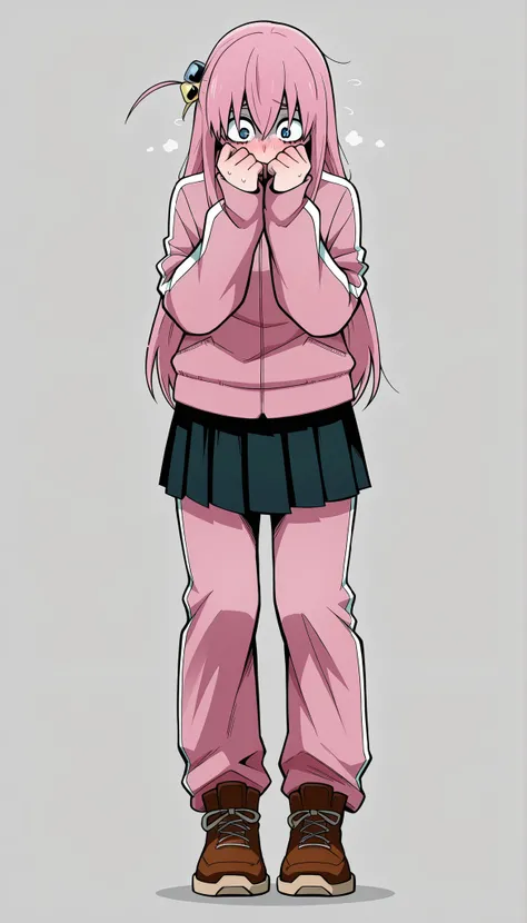 ((Highest Quality)), ((Simple Light Grey background)), (My Hero Academia Style), 1female, female, standing, (Full Body), ((Hitori Gotoh)), Pink sweatpants, pink sweat jacket, black skirt, brown footwear, shy,