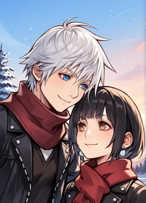 tetsuyaxd,
masterpiece, best quality, amazing quality, very aesthetic, absurdres, newest, detailed background, 4k, 8k, outdoors,
1girl, 1boy, black hair, jewelry, blue eyes, smile, earrings, brown eyes, scarf, bangs, blunt bangs, short hair, black jacket, ...