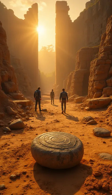 Archaeological dig in Sri Lanka, sandy ruins under golden sunlight, researchers uncovering a glowing ancient stone with spirals carved, instruments spiking with strange signals, cinematic realism mixed with