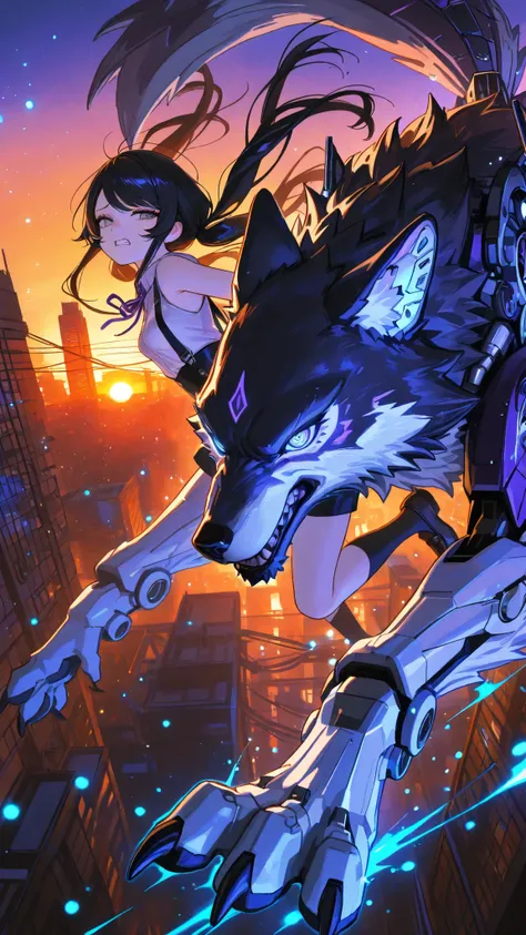 (masterpiece:1.2, Best Quality), (colorful particles),C7b3rp0nkStyle,(finely detailed beautiful eye: 1.2), (beautiful detailed face, good_hands), close up, full body, midair, falling, grimace, looking back, floating hair, outside clocktower, gadgets, large...