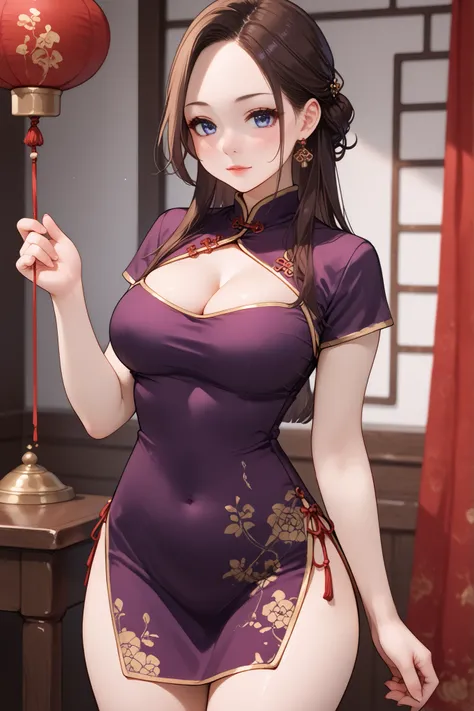 ((Solo girl))((Alone))((One Girl)), ((short dress))((mini qipao))((mandarin collar))((chinese dress))((purple chinese dress))((side slits))((sexy dress))((chinese dress))((solid purple dress))((qipao dress))((traditional chinese dress)) medium breast , big...
