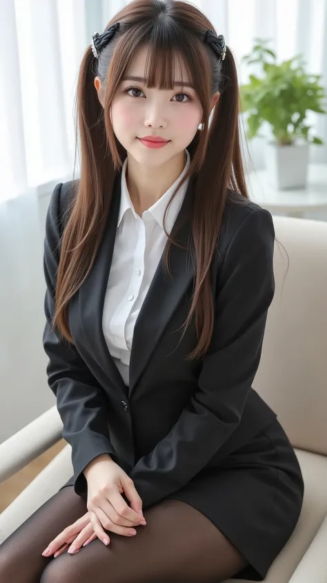Pure Japanese Business Girl, wearing a formal business suit, HIGH HEELS, ear skirt, (Panties and pantyhose), Formal Hairstyles, Formal Makeup, Striking large brown eyes, pure smile, seated, legs wide open,    sweet temptation   , professional portraits, Da...